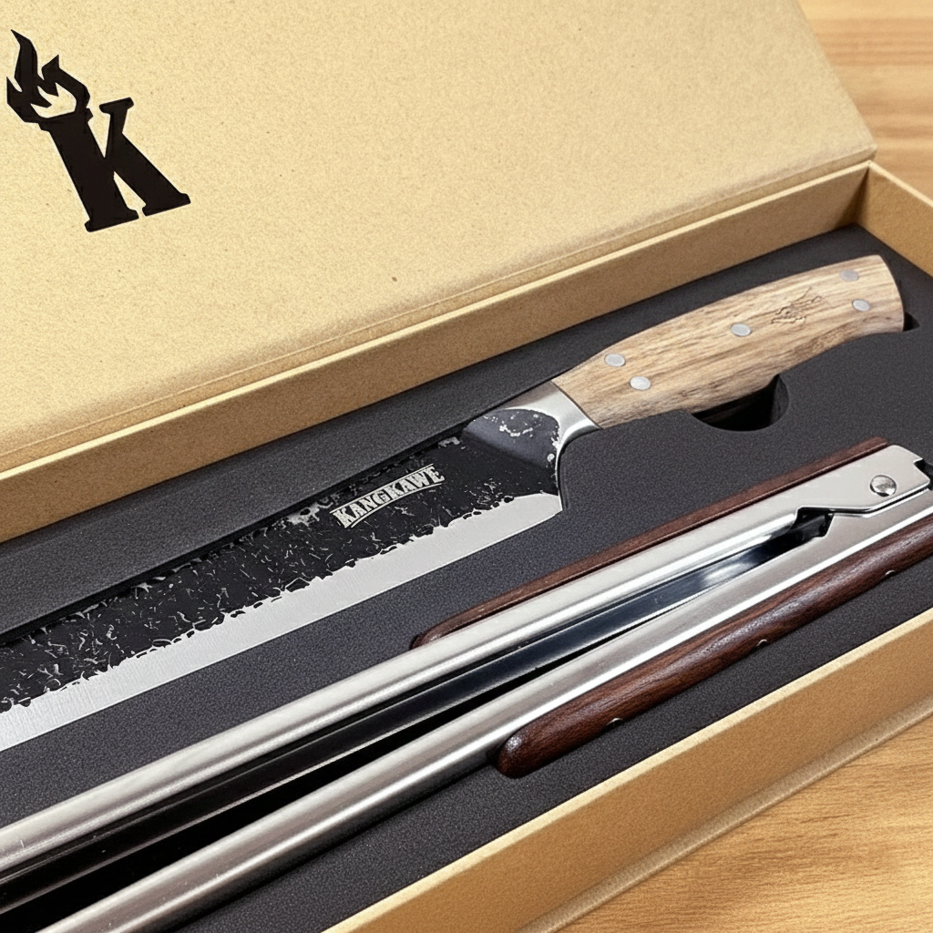 Set duo parrillero (cuchillo curvo carnicero martillero + tenaza con destapador) edición especial en caja magnética | Kangkawe
