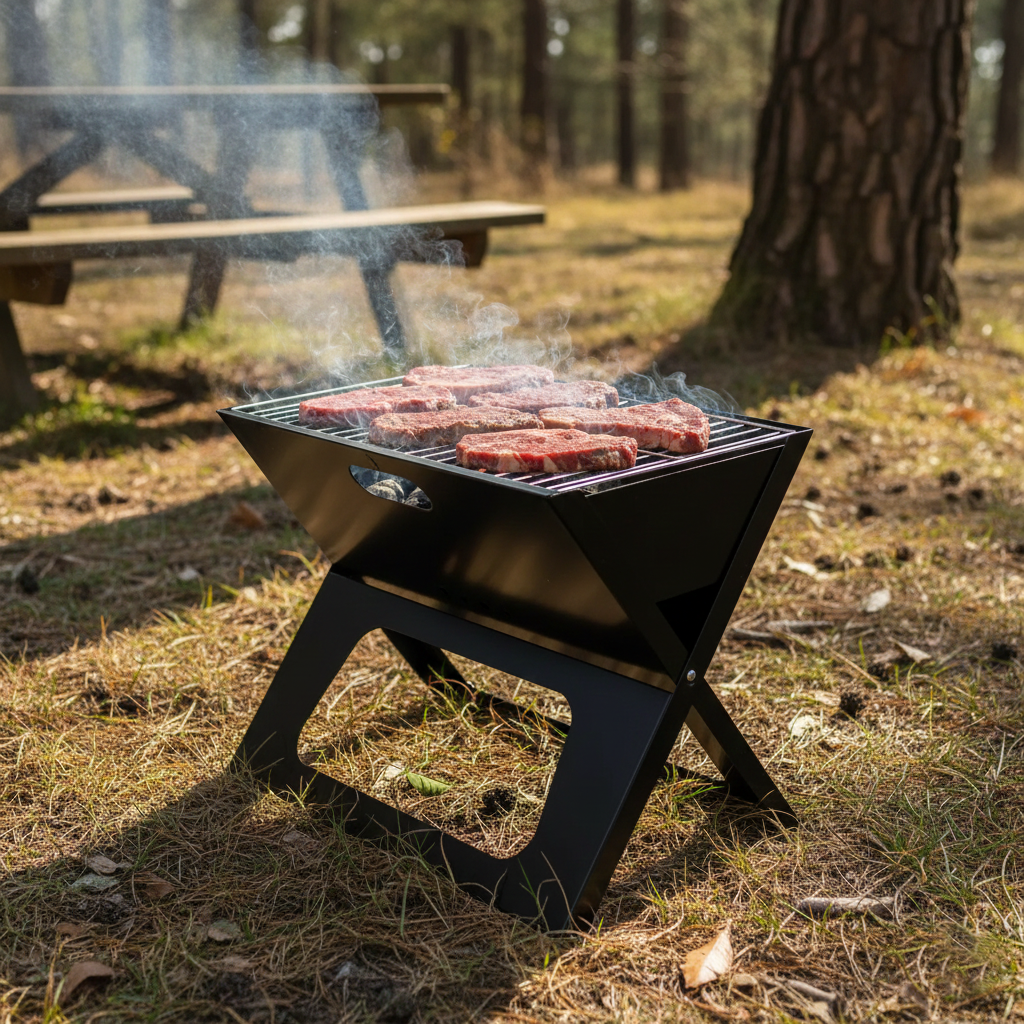 Parrilla a carbón portátil plegable. Diseño compacto tipo maletín.