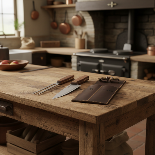 Set parrillero con cuchillo 7", pincho y funda de cuero cafe  (3 Piezas) | Kangkawe