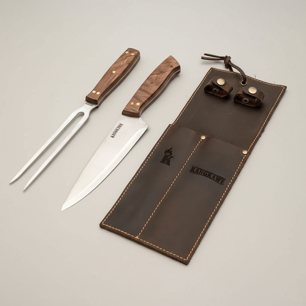 Set parrillero con cuchillo 7", pincho y funda de cuero cafe  (3 Piezas) | Kangkawe