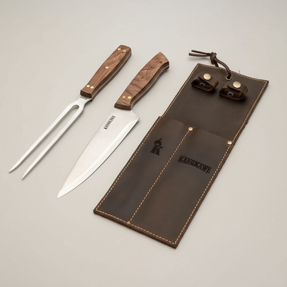 Set parrillero con cuchillo 7", pincho y funda de cuero cafe  (3 Piezas) | Kangkawe