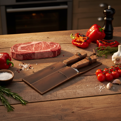 Set parrillero con cuchillo 7", pincho y funda de cuero cafe  (3 Piezas) | Kangkawe