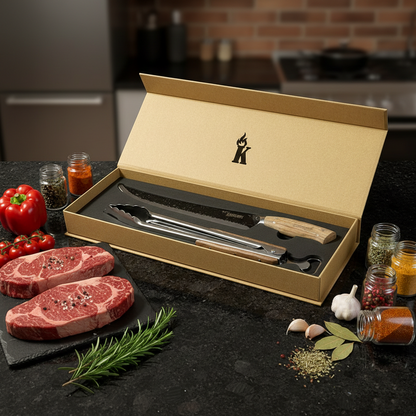 Set duo parrillero (cuchillo curvo carnicero martillero + tenaza con destapador) edición especial en caja magnética | Kangkawe