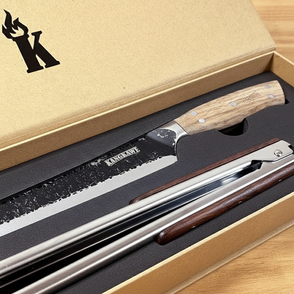 Set duo parrillero (cuchillo curvo carnicero martillero + tenaza con destapador) edición especial en caja magnética | Kangkawe