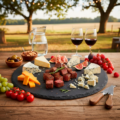 Tabla circular de piedra pizarra para cóctel y aperitivos (30 ∅ cm) | DMBBQ