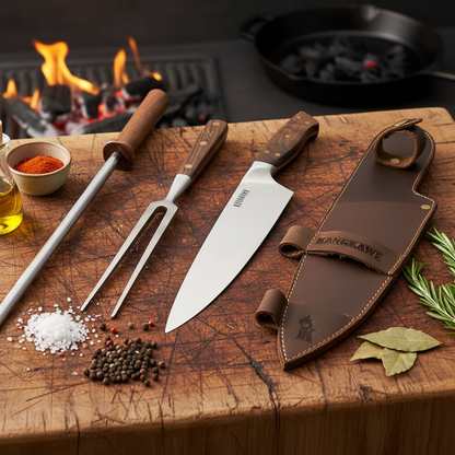 Set parrillero "Trilogía en cuero": Cuchillo Catemu + Pincho Pro + Chaira | Kangkawe