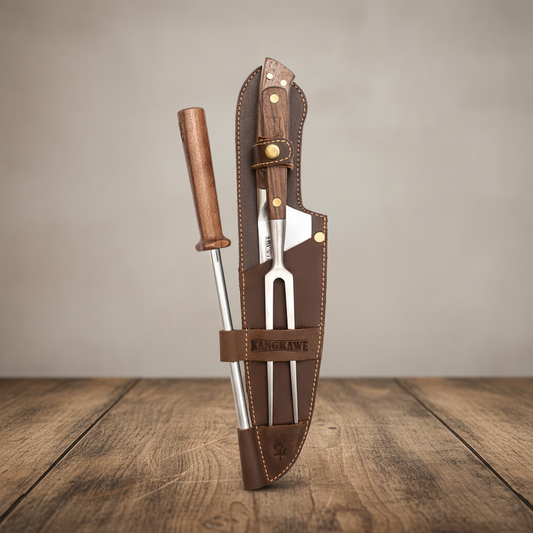 Set parrillero "Trilogía en cuero": Cuchillo Catemu + Pincho Pro + Chaira | Kangkawe