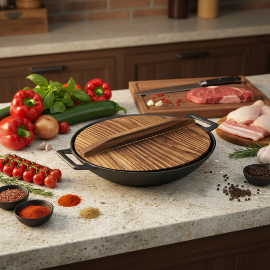 Wok de fierro fundido de 30 cms. con tapa de madera Mr.W | Kangkawe