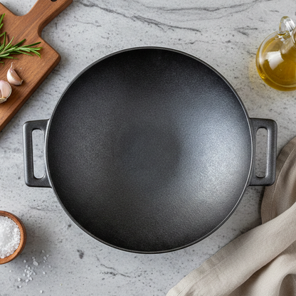 Wok de fierro fundido de 30 cms. con tapa de madera Mr.W | Kangkawe